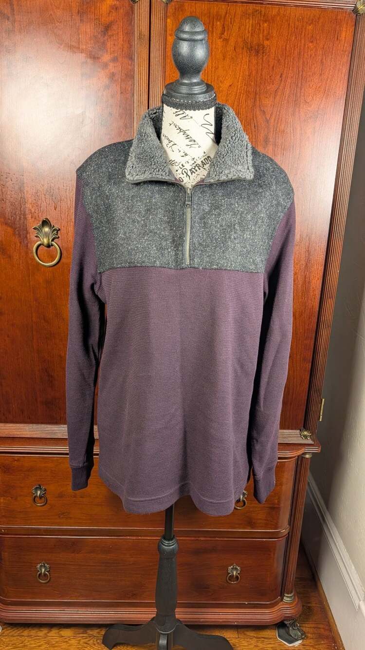 Banana Republic Mens Sweater M Gray Tweed Plum knit 1/4 Zip Sherpa Collar